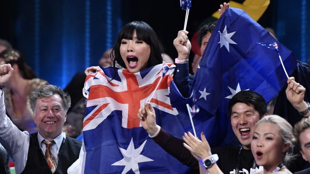 Dami Im celebrates as the Eurovision results are announced.