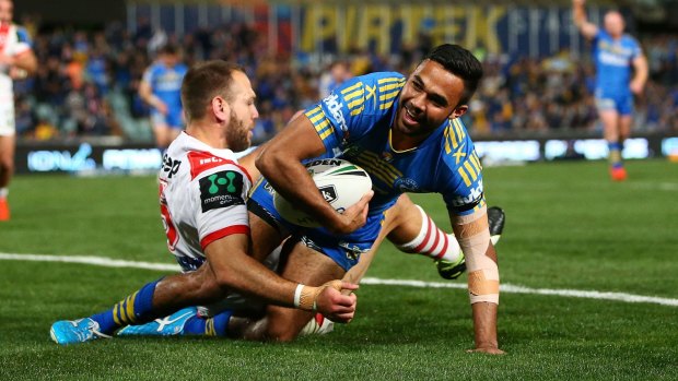 Top talent: Bevan French scores a try during the round 25 NRL match between the Parramatta Eels and the St George Illawarra Dragons at Pirtek Stadium.