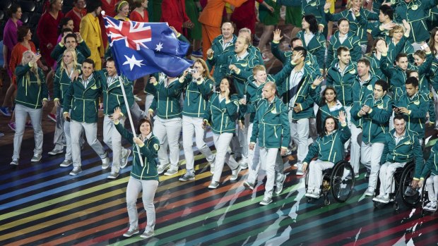 Team Australia at the 2014 Glasgow Commonwealth Games opening ceremony.
