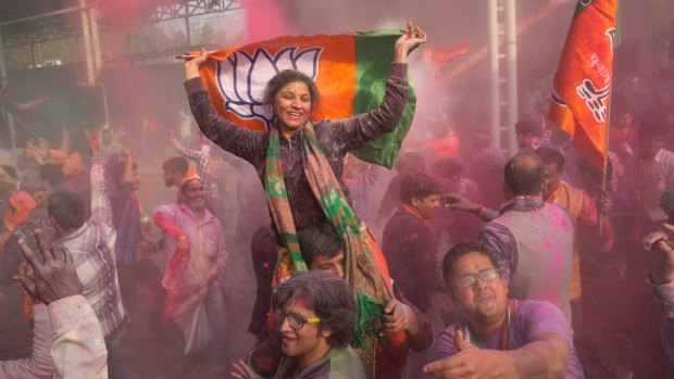 Celebrations from Bharatiya Janata Party supporters at the party's headquarters in New Delhi.