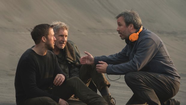 (From left) Gosling, Ford and director Denis Villeneuve on the set of the new Blade Runner. 