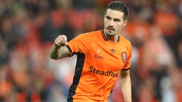 Jamie Maclaren of the Roar celebrates after scoring in the penalty shootout against the Wanderers in April.