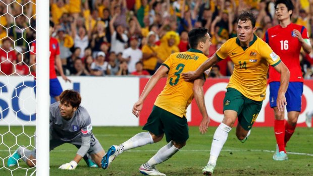 Triumph: James Troisi scores the winner in the Asian Cup final against South Korea in 2015.