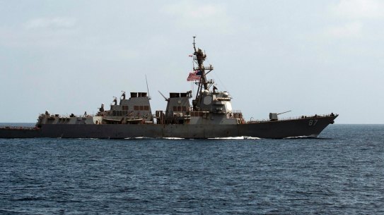 The USS Mason conducts maneuvers as part of a exercise in the Gulf of Oman.