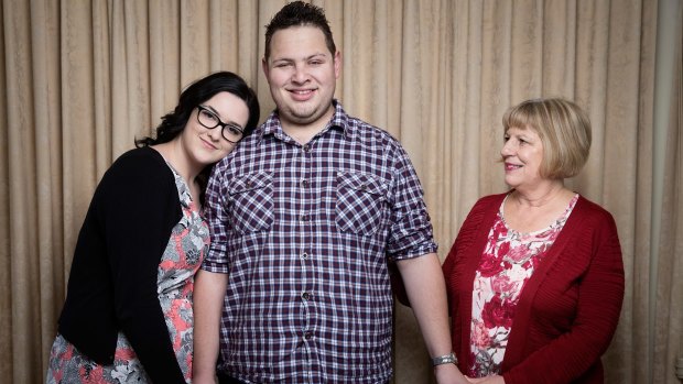 Thomas Scrivens with his wife, Jess, and mother, Sue. Thomas has brain cancer and is using an experimental drug, which has damaged his sight, but prolonged his life. He is the longest surviving brain cancer patient in the world to use this medication.