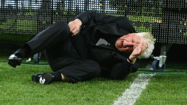 Big fall: FFA chairman Frank Lowy hits the turf at AAMI Park in Melbourne.
