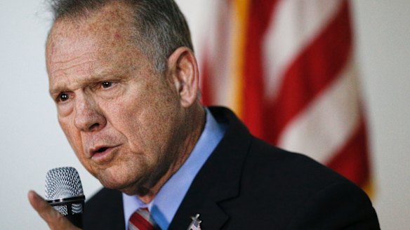 Former Alabama Chief Justice and US Senate candidate Roy Moore speaks at a campaign rally, in Henagar, Alabama.