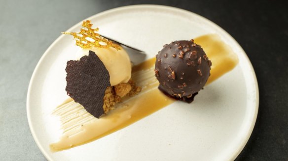 Dessert of chocolate and Nikka whisky mousse, vanilla ice-cream and butterscotch sauce.