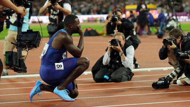 Justin Gatlin after taking the men's 100m in London.