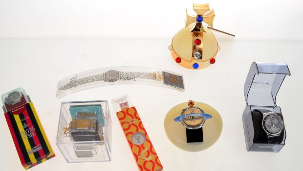 Go west: Four commemorative Vivienne Westwood Collaboration Swatches from 2011, plus the rare Orb watch designed by Westwood in 1993. All unworn in original packaging, mint condition. Estimates $1700 to $1900.
