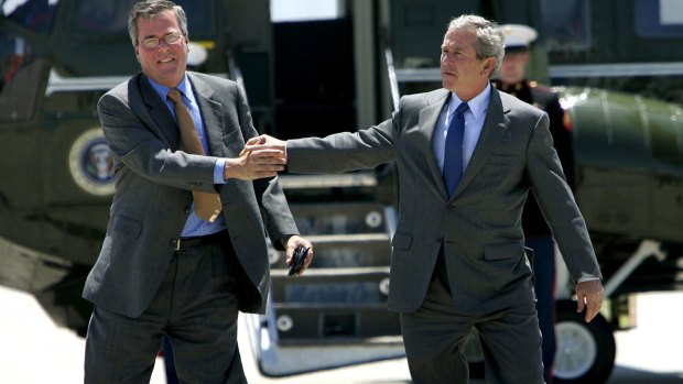 President George W. Bush bids farewell to his brother as they step off Marine One at MacDill Air Force Base in Tampa, Florida, in 2006. 