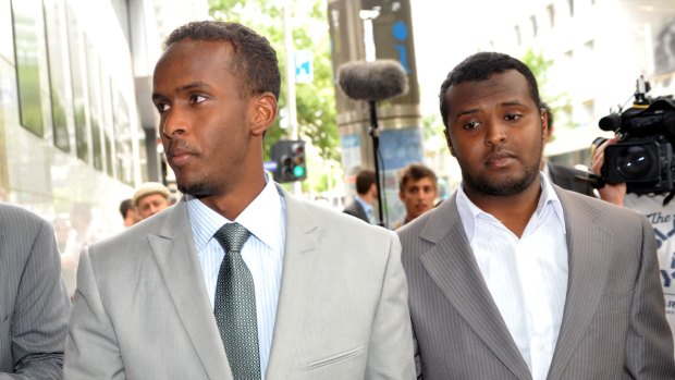 Abdirahman Ahmed (left) and Yacqub Khayre leave Melbourne's Supreme Court in 2010 after being acquitted of planning an alleged terrorist attack on the Holsworthy army base.