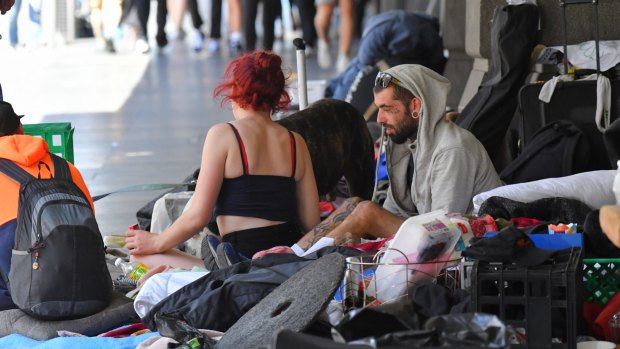 Homeless people at the  Flinders Street Station camp.