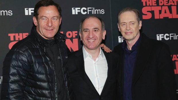 Actor Jason Isaacs (left), director Armando Iannucci and actor Steve Buscemi on the promotional trail for <i>The Death of Stalin</I>.