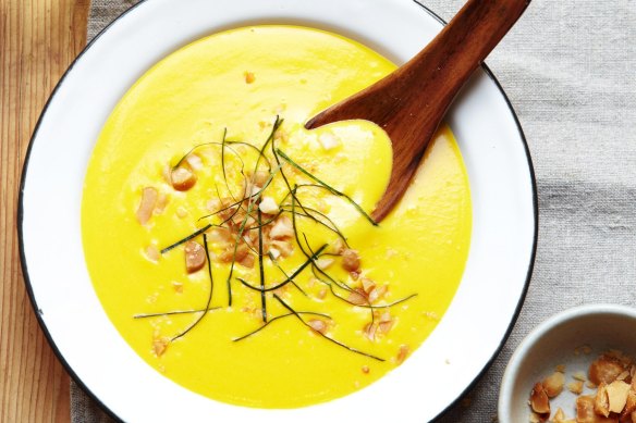 Thai-style pumpkin and soup garnished with lime leaves and macadamia.