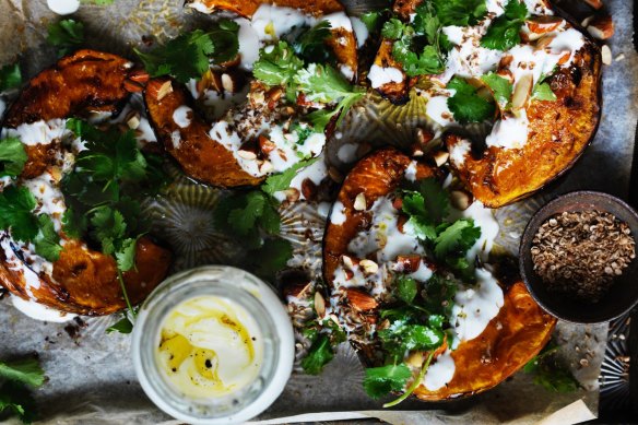 Spice roast pumpkin with garlic yoghurt and almonds