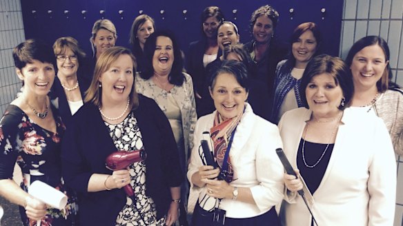 Straightened times: Pru Goward (centre) joins women protesting for better facilities at Parliament. 