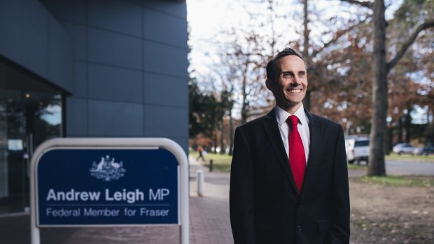 Andrew Leigh outside his Braddon office, which he will be forced to vacate within months as it now sits 600 metres south of his re-drawn Fenner electorate.