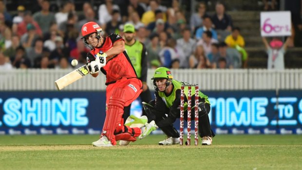 Jack Wildermuth of the Renegades bats during the Big Bash League clash with Sydney Thunder at Manuka Oval.