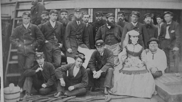 Dressed for sea: Maud Berridge on the deck of the Walmer Castle in 1869 with the crew.