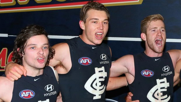 One more year: Youngsters Dylan Buckley (left) and Nick Graham (right, with Patrick Cripps)  need to prove themselves to get long-term deals.
