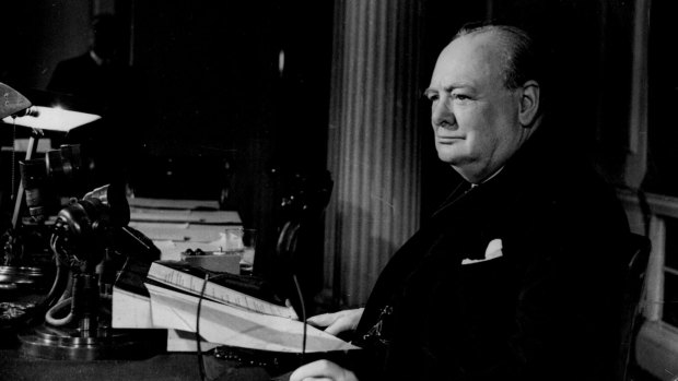 Then British Prime Minister Winston Churchill on the radio after broadcasting that the war with Germany had been won. 