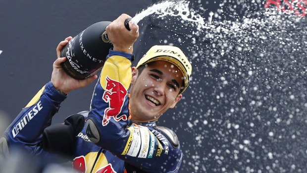 Luis Salom celebrates a Moto3 victory at the Dutch Grand Prix in Assen.
