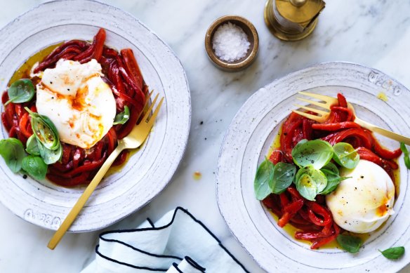 Burrata with basil and capsicum salad.