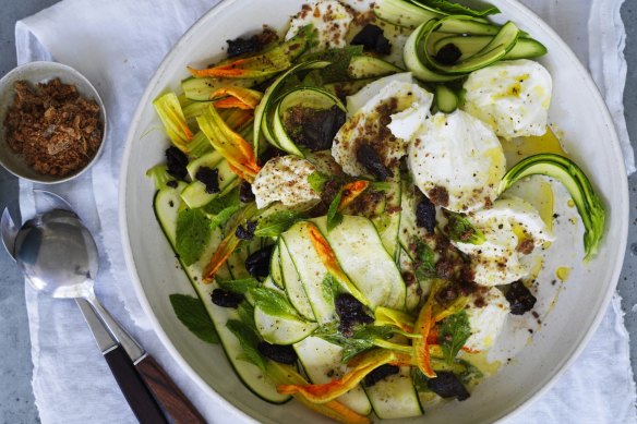 Zucchini and buffalo mozzarella salad with mint, dried olives and anchovy dust.