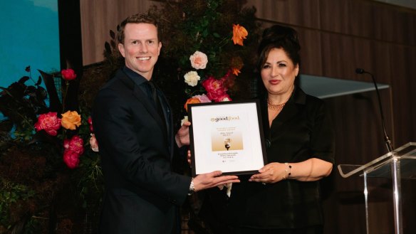 Patricia Amad, daughter of Abla Amad, accepting the Vittoria Coffee Legend award from Louis Schirato on behalf of her mother; and Abla (below, left) and Patricia Amad pictured in the restaurant in 1979.