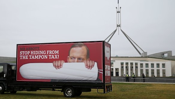 Protesters against tax on sanitary products on the front lawn of Parliament House.