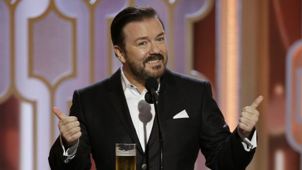 Ricky Gervais at the 73rd Annual Golden Globe Awards at the Beverly Hilton Hotel in California. He's helped turn the awards night into a celebrity roast.