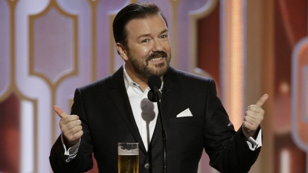 Ricky Gervais at the 73rd Annual Golden Globe Awards at the Beverly Hilton Hotel in California. He's helped turn the awards night into a celebrity roast.