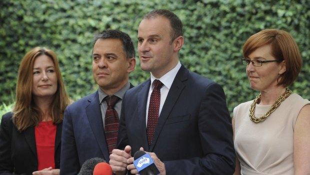 Chief Minister Andrew Barr at the announcement of his expanded cabinet in January, with, from left, now deputy Yvette Berry, defeated MLA Chris Bourke and Meegan Fitzharris. 