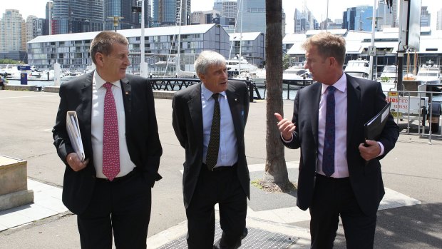 Jeff Kennett, left, with Kerry Stokes and Tim Worner, has been a forthright defender of Seven West's position on the matter. 