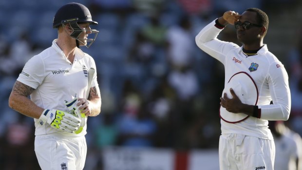 West Indies' Marlon Samuels salutes England's Ben Stokes.