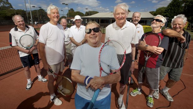 Essendon Tennis Club’s 80 and over crew: (from left) Ken Smith, Alistair McDonald, Fred Smith, Peter Mommsem, Keith Rogers,
Peter Wilkinson, Ged de Roach, Leo Marzi and Robert Durant.