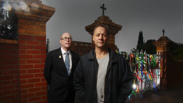 Ballarat's St Patrick's college headmaster John Crowley with former student Peter Blenkiron. Blenkiron survived years of sexual abuse while a pupil at the Catholic school. 