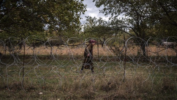 A woman walks along razor wire set up by South Ossetian authorities.