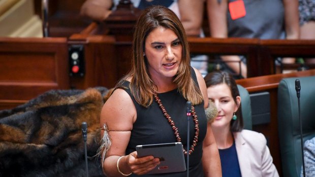 Lidia Thorpe, pictured addressing State Parliament, says marking Australia Day on January 26 causes "deep pain for Australia's First Nations people".