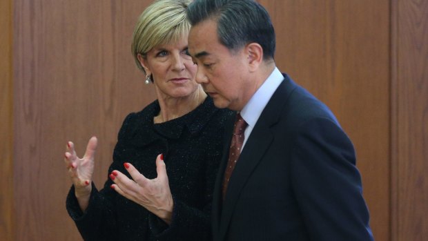 Chinese Foreign Minister Wang Yi and Australian Foreign Minister Julie Bishop in Beijing in February.