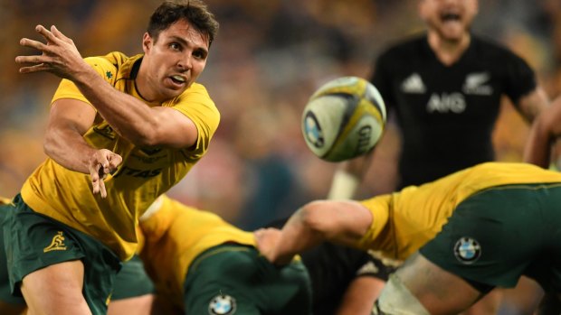Nick Phipps clears the ball from the breakdown during Australia's loss to the All Blacks.