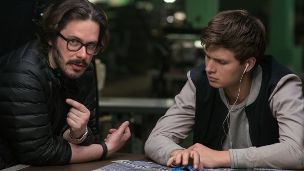 Edgar Wright (left) and Ansel Elgort on the set of Baby Driver. 