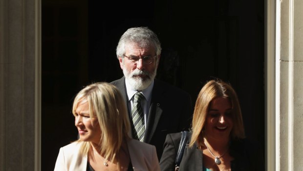 President of Sinn Fein Gerry Adams, centre, and leader of Sinn Fein in Northern Ireland Michelle O'Neill, left, leave 10 Downing Street following a meeting with British PM Theresa May last month.