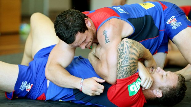 Wrestlemania: Jarrod Mullen performs a wrestling exercise at Knights training last year.