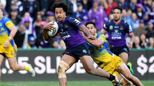 Felise Kaufusi runs with the ball during the NRL qualifying final between the Melbourne Storm and the Parramatta Eels.