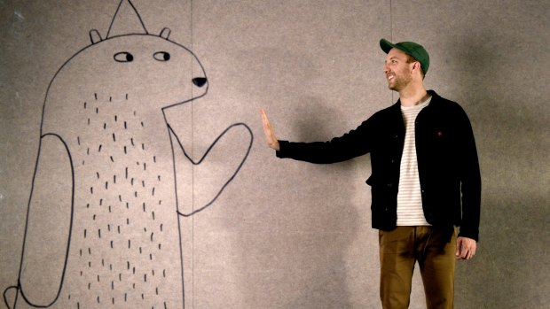 Children's book author-illustrator Jon Klassen with his creation from <i>I Want My Hat Back</I>.