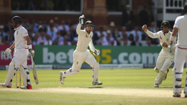 Great start: Peter Nevill (centre) celebrates as another English wicket falls at Lord's.