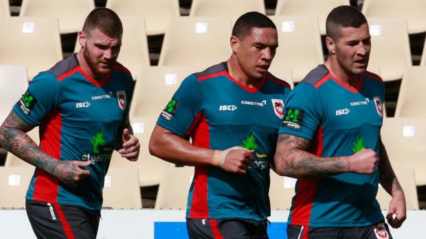 Star trio: Josh Dugan, Tyson Frizell and Joel Thompson at Dragons training. All are due to return against the Sharks.