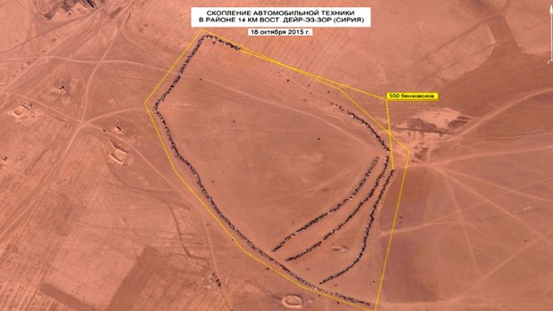 This photo, made from video taken from the Russian Defense Ministry web site, is an aerial image of the area east of Dayr-az-Zawr, Syria.